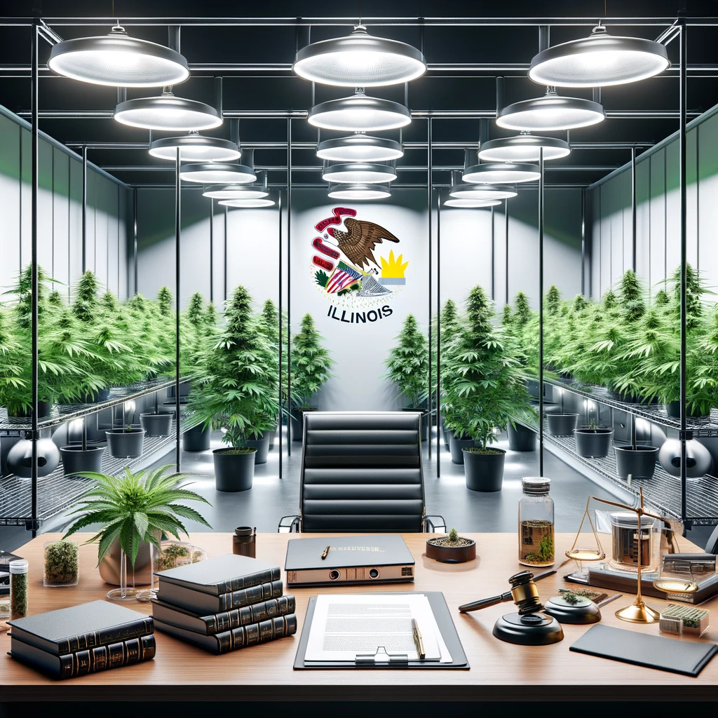 Design an image that embodies the professional journey of legal home cannabis cultivation in Illinois, tailored for business professionals and lawyers